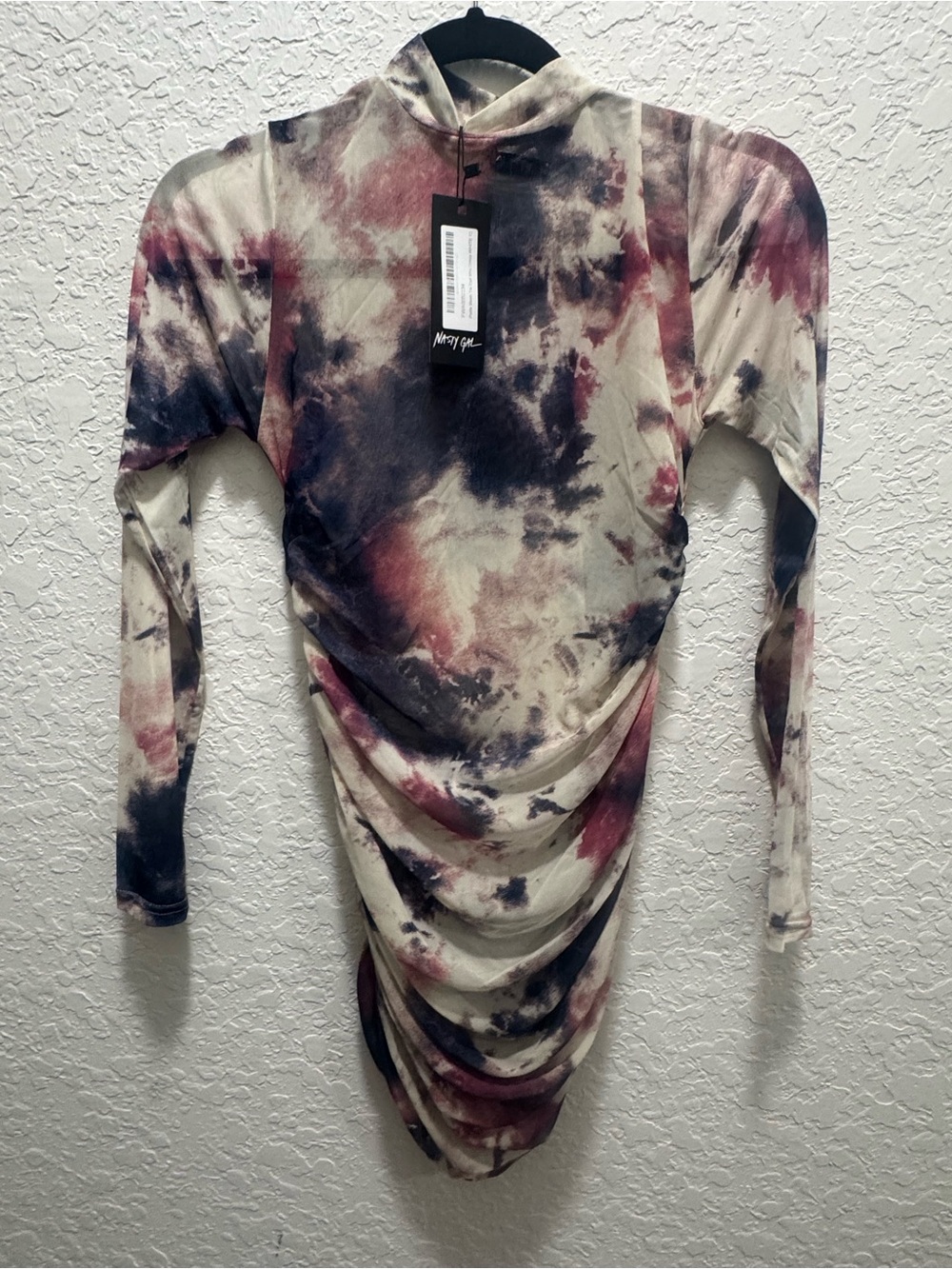 Nasty Gal Long Sleeve Tie-Dye Ruched Bodycon Top - Cream, Black, Pink